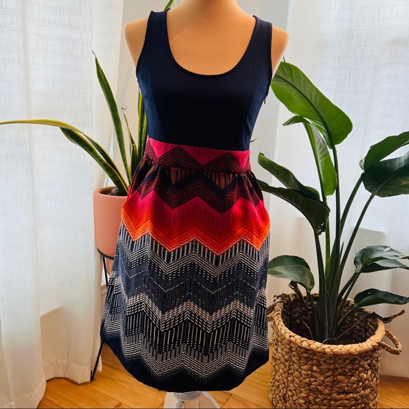 Anthropologie - Tabitha - Navy Bright Chevron Fit and Flare Dress - 2 - Picture 2 of 9